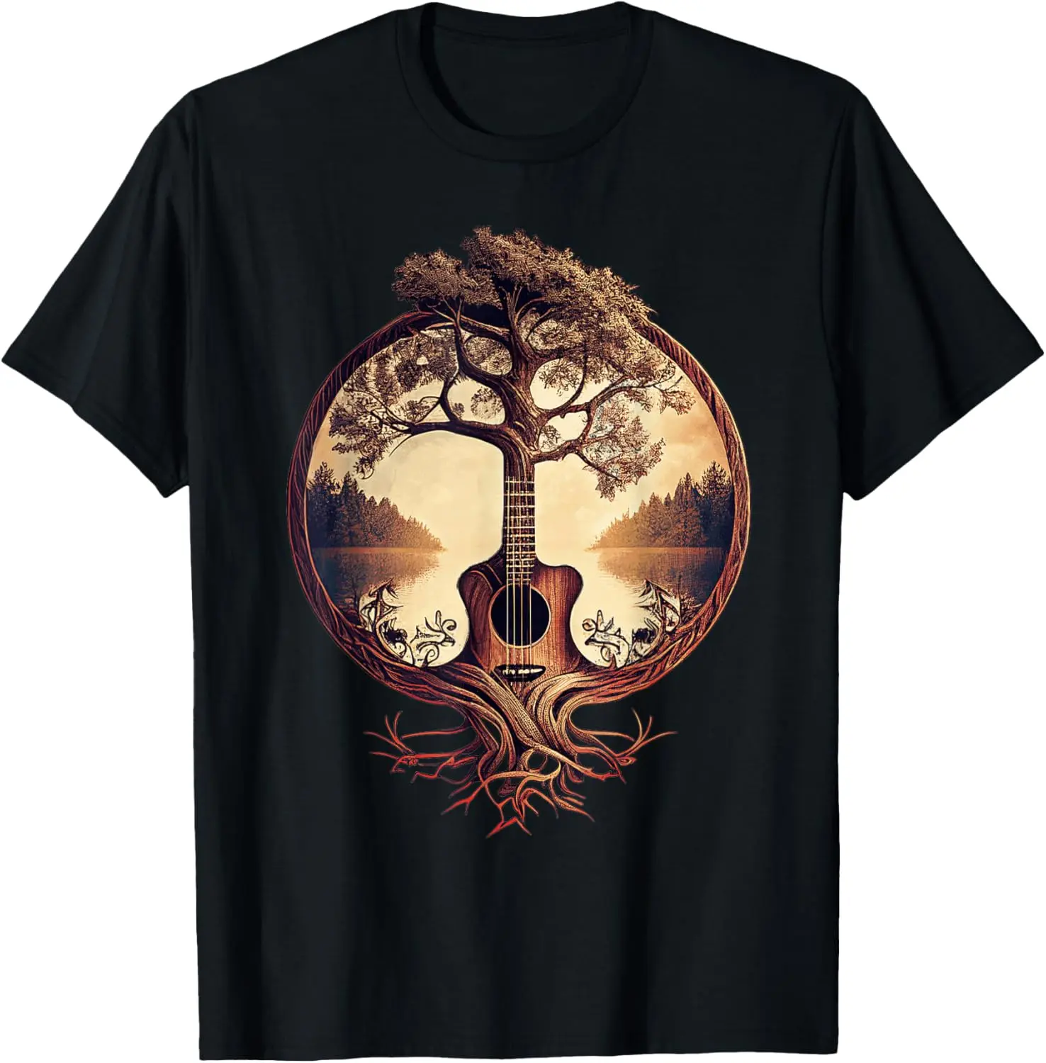 Men's Round Neck Short-Sleeve Streetwear Pullover T-Shirt - Guitar Tree By The Lake Graphic, Musician-Focused Casual Fabric Top