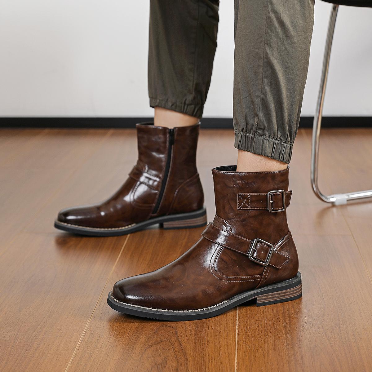 CYUW Men’s Retro Buckle Ankle Boots, Side Zipper Chelsea Boots, Everyday Casual Low-Heeled Dress Boots (Black/Brown)
