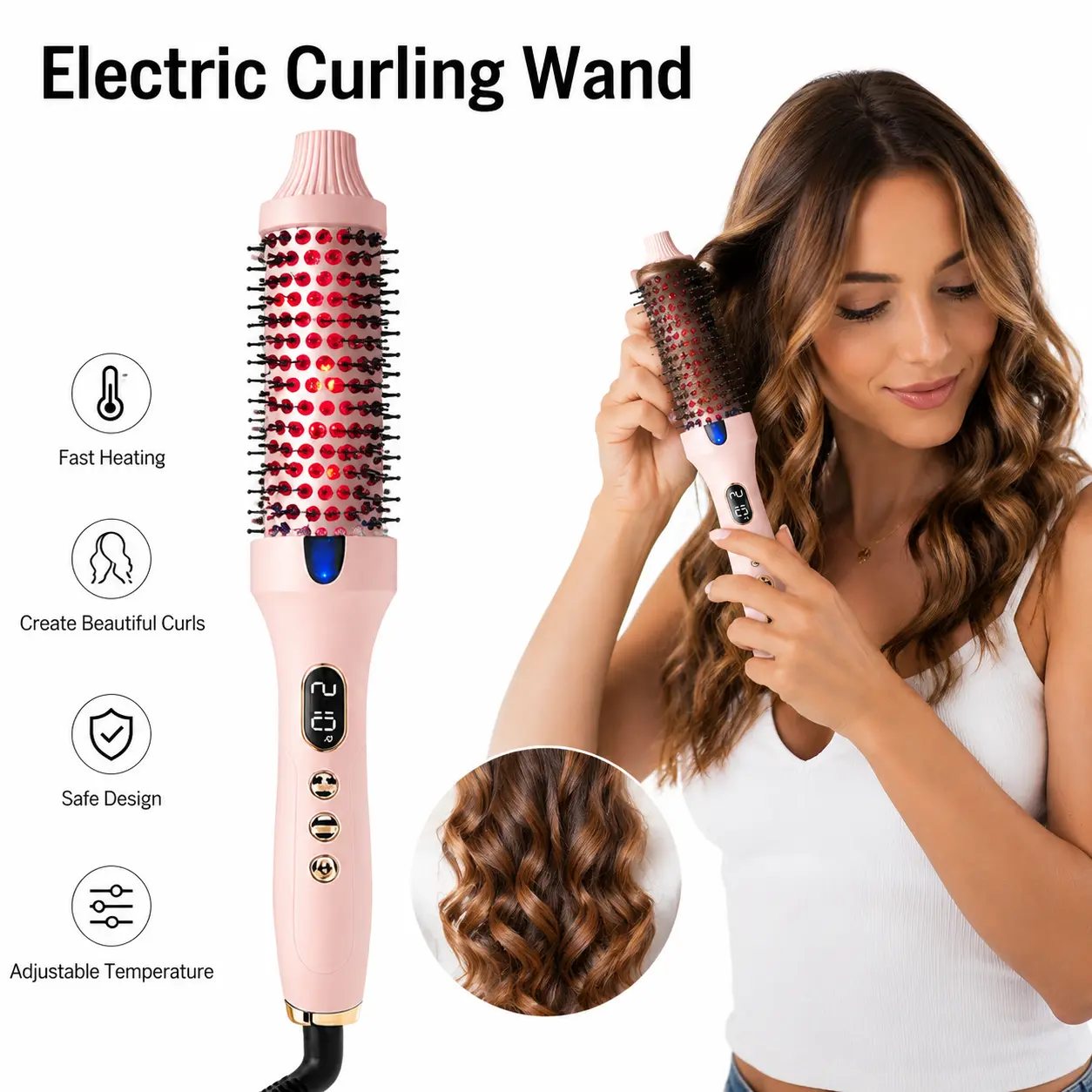 Electric Curling Iron Hair Curler Heated Brush with LED Display Adjustable Temperature Hair Styling Tool for Women to Create Curls Waves Volume and Smooth Looks at Home