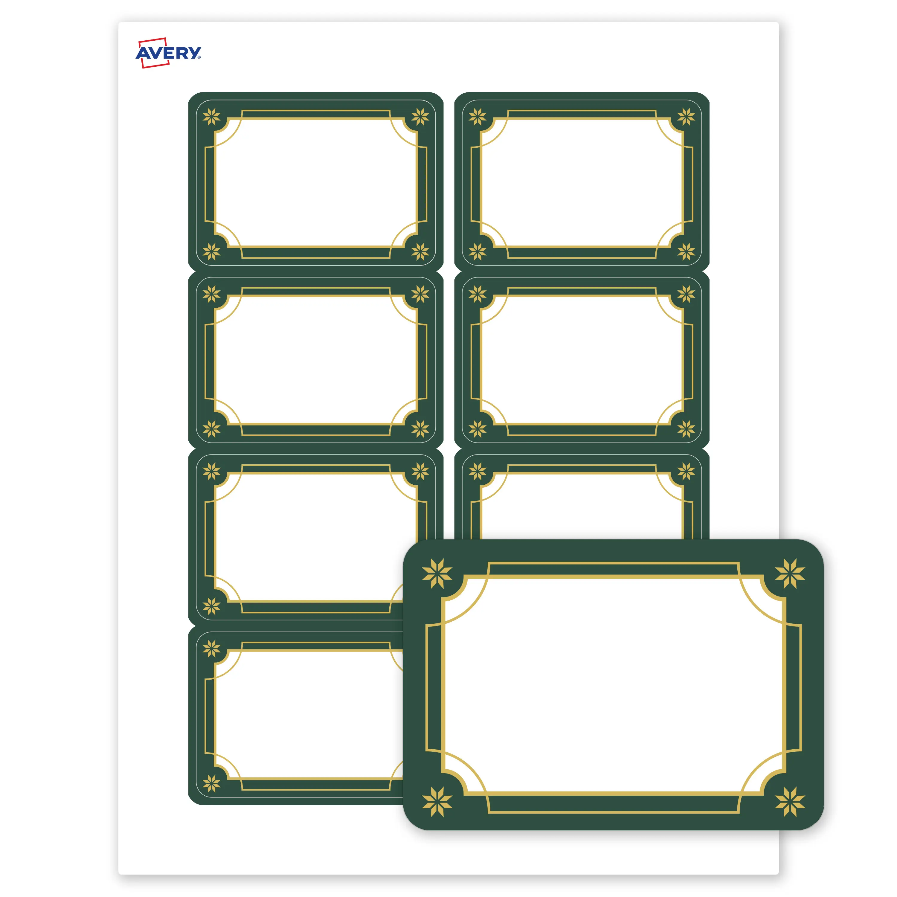 Avery® Printable Christmas Adhesive Name Badges, Rectangle, 2-1/3" x 3-3/8", Pre-Printed Green & Metallic Gold Border Design, Matte White, Laser & Inkjet Compatible, 80 Total