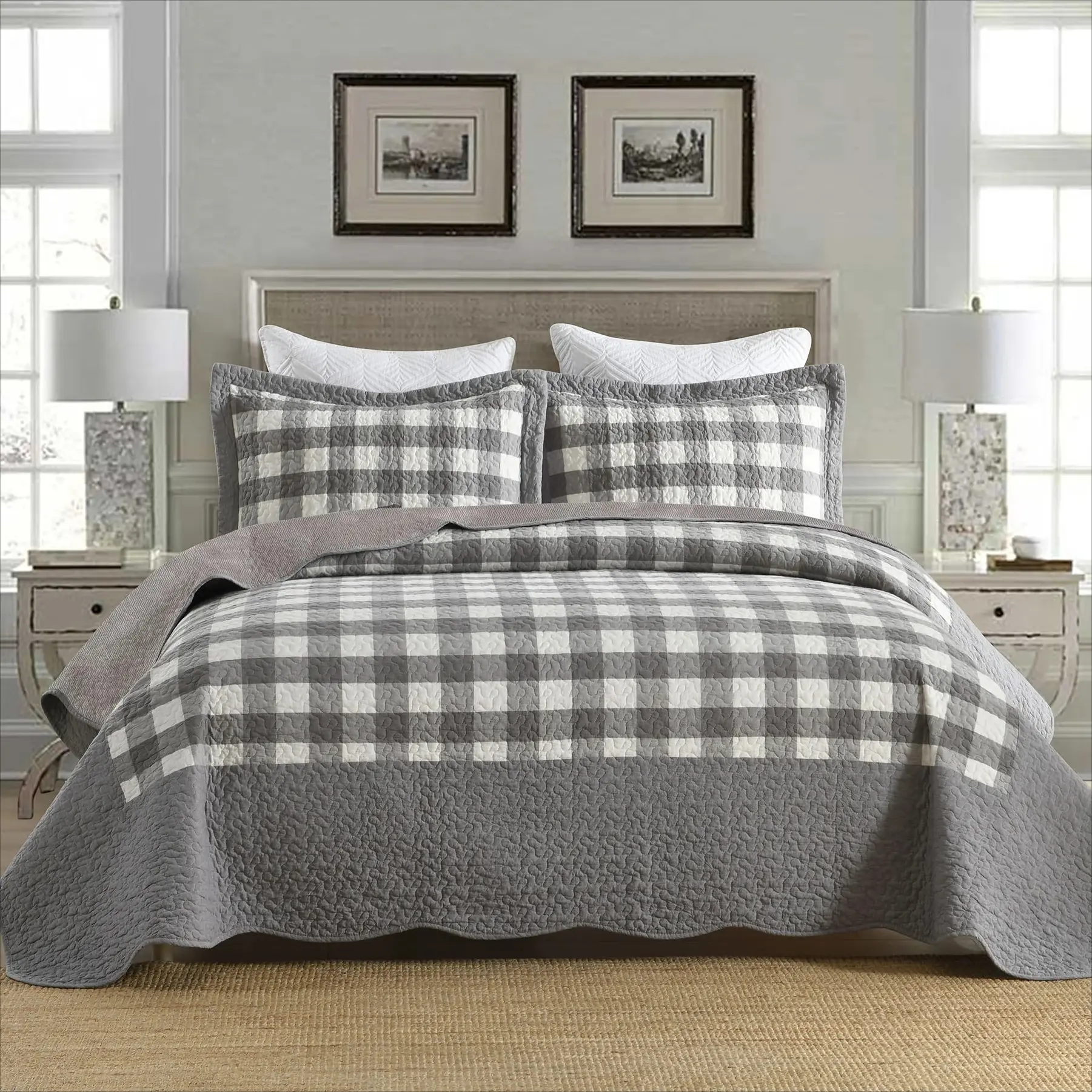 Luxury Checkered Pattern Bedding Set - 3-Piece Quilted Polyester Comforter, Soft, Easy-Care, Breathable, Wrinkle-Resistant, Durable Bedding for Queen, King Sizes | Decorative Bedspreads & Coverlets