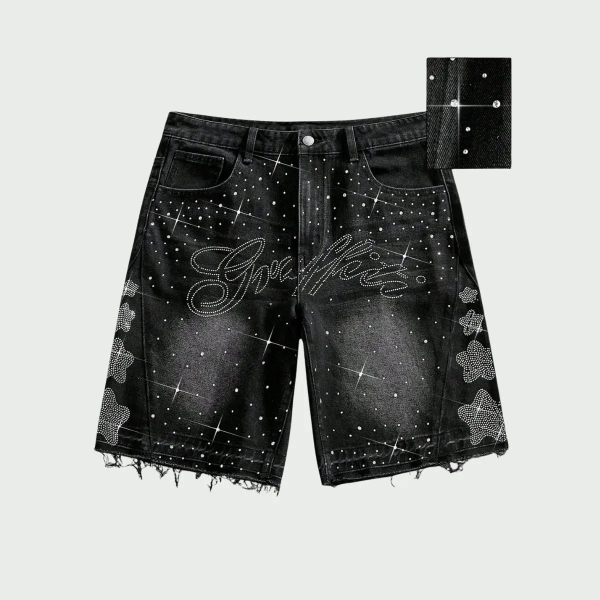 Men's Oversized Loose Fit Ease Denim Jean Shorts - Streetwear Clothing, Rhinestones Lettering, High-Street Straight Fit, Knee Length, Distressed Wash, Raw Hem, Black Baggy Male Bottoms