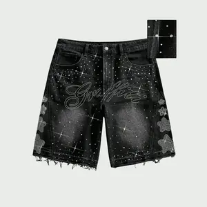 Men's Baggy Denim Shorts with Rhinestone Lettering, High-Street Straight Fit, Knee-Length with Distressed Wash and Raw Hem Black Oversize