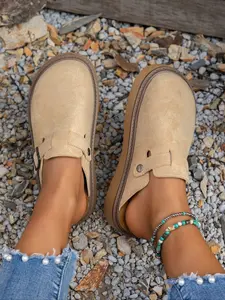 Women's Multi-Color Velvet Slip-On Shoes, Elegant Comfortable Large Size Single Button Design Slip On Style, Casual Fashion Slippers for Spring & Fall