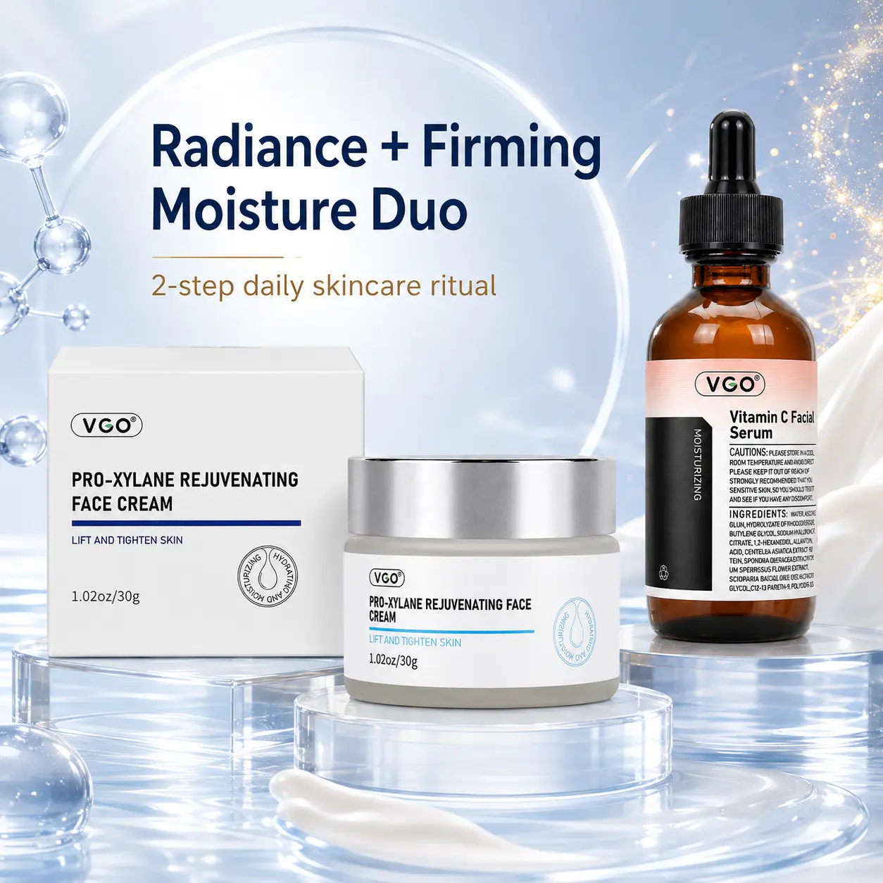 VGO Pro-Xylane Face Cream & Vitamin C Serum Set – 2-Step Hydrating Skincare Duo for Radiant, Smooth & Firm-Looking Skin