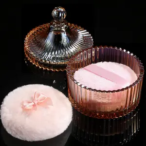 Powder Puff & Crystal Container Set, Large Body Powder Puff and Container, Body Powder Container with Puff Valentine's Day gift, Amber Color Glass Jar