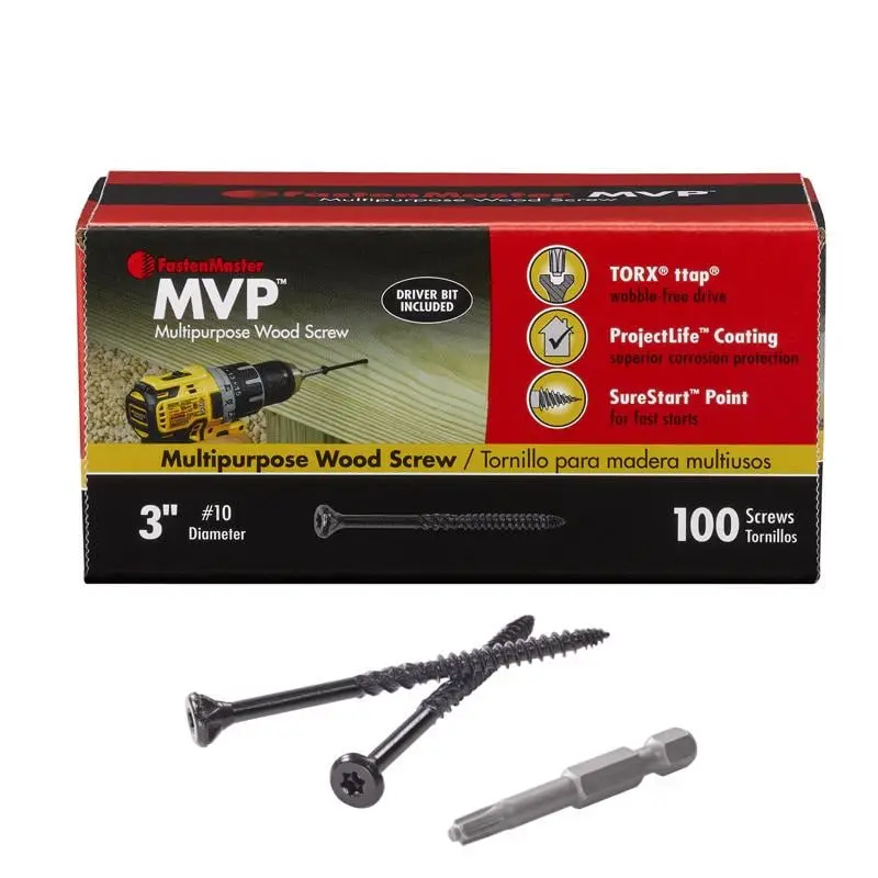 Fastenmaster 3-Inch Multipurpose Carbon Steel Torx Drive Self-Tapping Countersink Head Wood Screws, 100-Pack for Outdoor Sailing & Indoor Projects, 1.68 Lbs