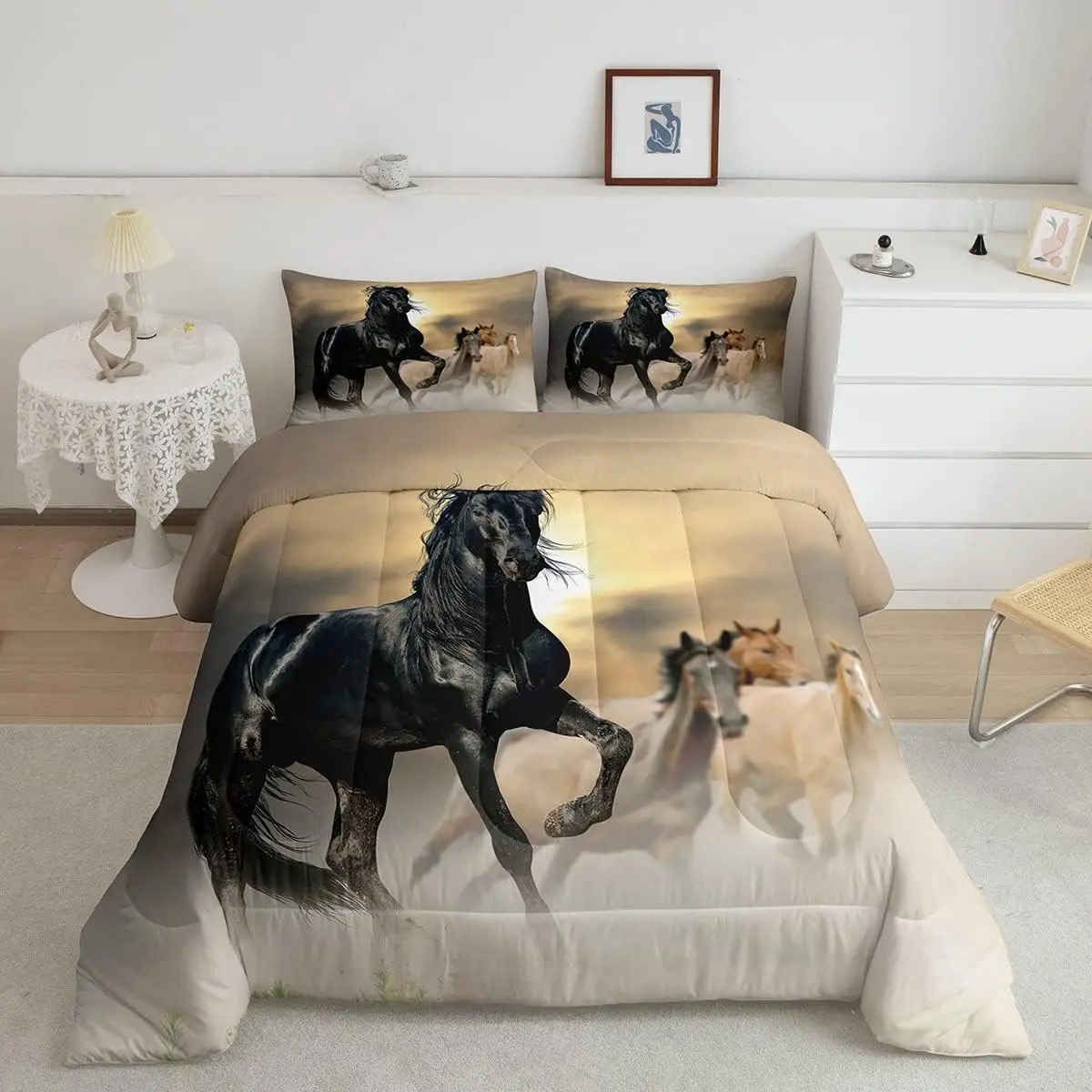 Feelyou Breathable Black Horse Animal Squares Microfiber Quilted Duvet Set - Queen Size, Down Comforter Insert, Bedspread Set, Western Cowboy Farmhouse Decor, Multi-Size, Travel-Friendly Package