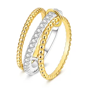 MULA 925 Silver-plated Two-Tone Cross Ring – 14K gold-plated beaded triple ring set with cubic zirconia, wide and stackable X-shaped ring, the perfect gift for girls and women., Statement Rings