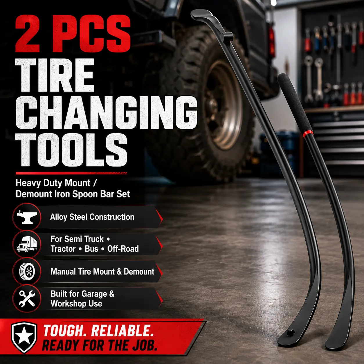 Heavy Duty Tire Changing Tools 2 PCS Tire Mount Demount Iron Spoon Bar Set for Semi Truck Tractor Bus Off Road Vehicle Manual Wheel Changer Kit Heavy Duty Alloy Steel Mechanical Garage Workshop Repair Equipment