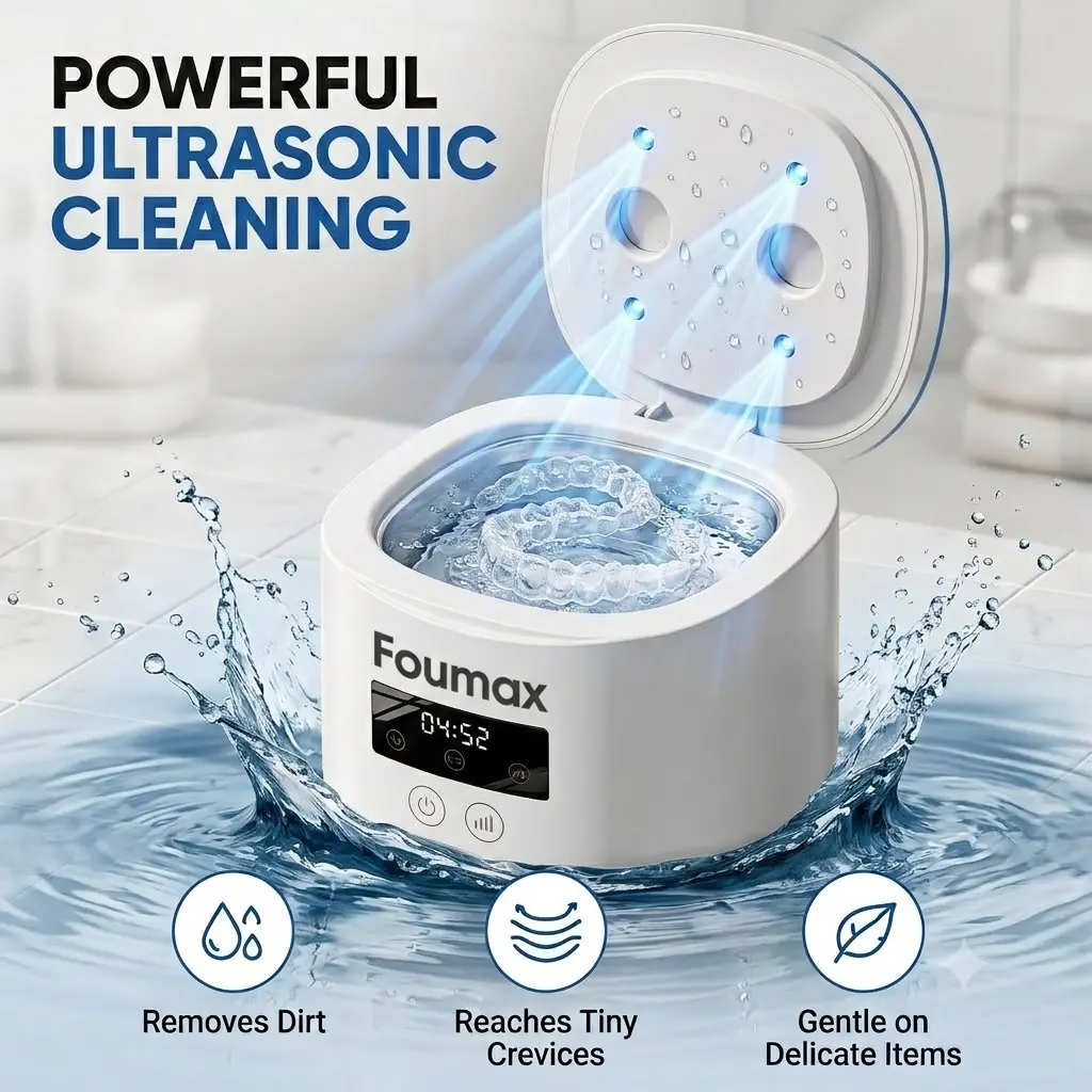 Foumax Quick Clean Ultrasonic Aligner, Retainer & Denture Cleaner Case with 4 UV Lights, 45k Hz | 120-Count Tablets Sold Separately - for Aligners, Retainers, Mouthguards & Dentures