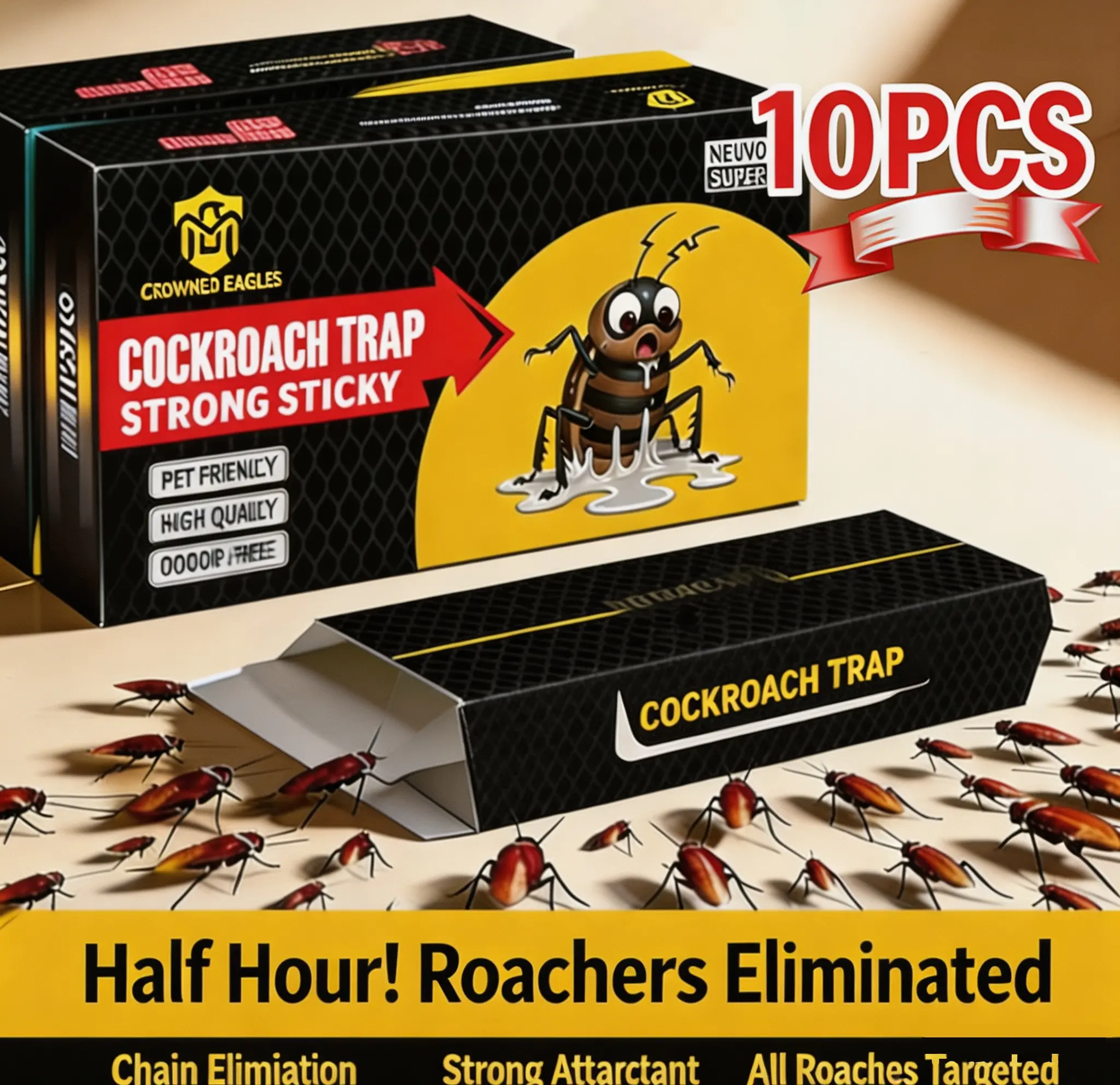 Cockroach Traps Indoors - Sticky Roach Traps & Killer, Family & Pet Safe Roach Motel Traps for Home, Kitchen, Cabinet & Garage (10 Pack)