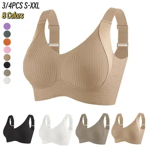 3/4PCS Ribbed Push-UpSeamless Bra Set Soft Comfortable SolidFour-breasted Adjustable Straps Wire-FreeSupport for Daily Wear Ultra-Soft BreathableFabric Bralette for Women Full Coverage S/M/L/XL/XXL