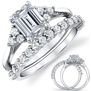 2.75Ct. Emerald Cut Moissanite Victorian Vintage Bridal Set Engagement Ring Wedding Band 18K White Gold over Silver
