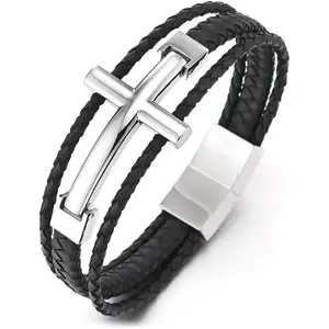 Men Stainless Steel Horizontal Sideway Lateral Cross Three-Row Braided Leather Bangle Bracelet