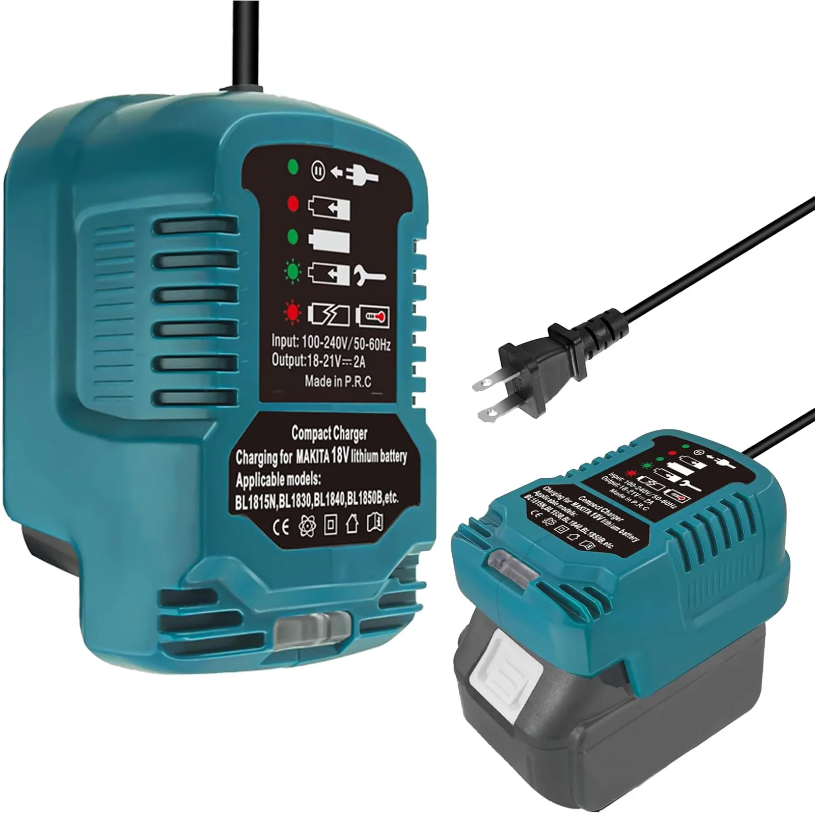 Compact 2A Battery Charger for Makita18V LXT Batteries, 100-240V AC Input, 18V Output, US 2-Pin Plug (Battery Not Included)