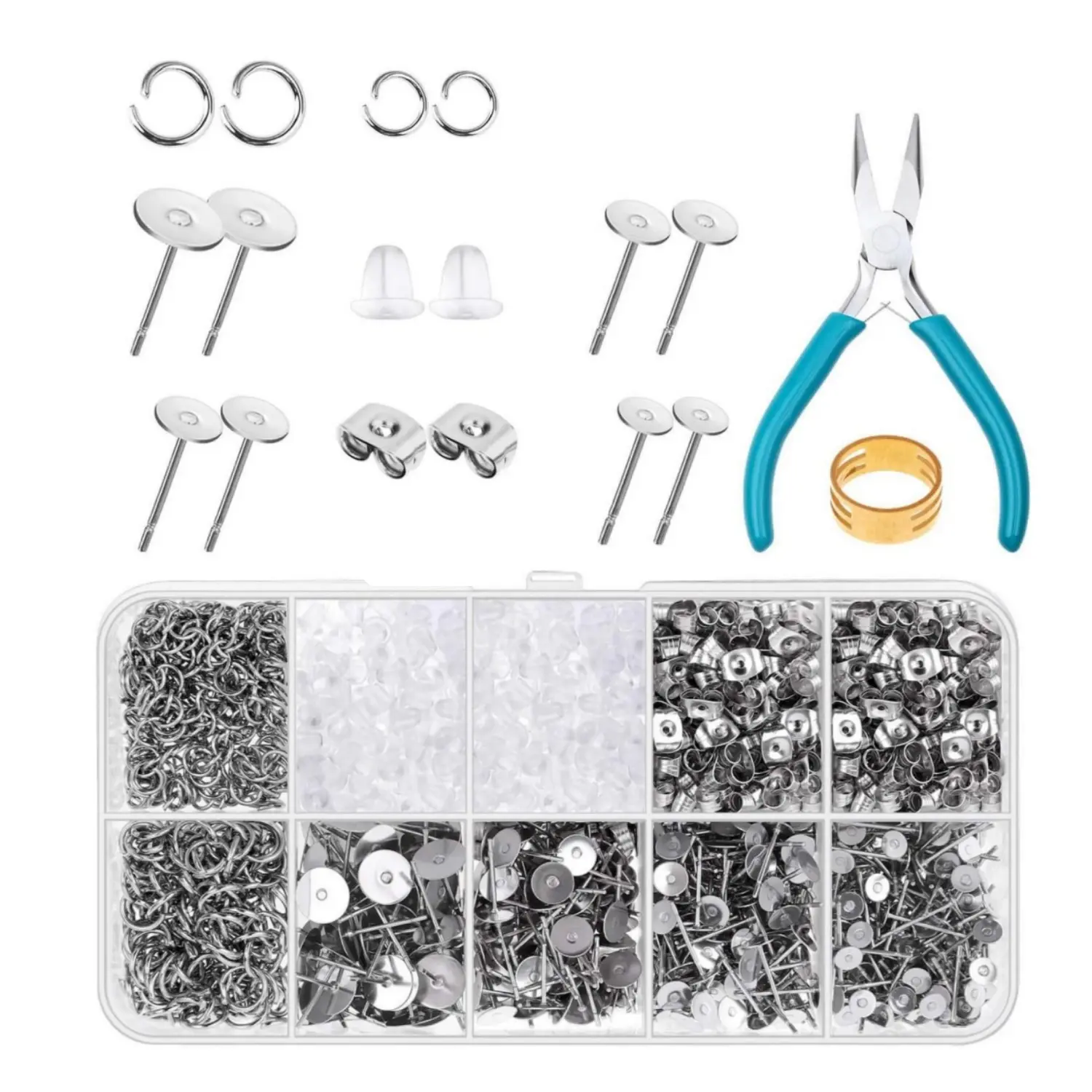 1800Pack Earring Posts Stainless Steel Flat Pad,Hypoallergenic Stud Earrings with Butterfly and Rubber Bullet Earring Backs for Jewelry DIY Making Findings (Silver) - Tools & Hardware.