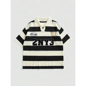 Unisex Knitwear Letter Striped Jacquard Knit Short Sleeve Polo Shirt