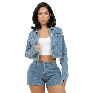 Women's Basic 2-Piece Fashion Denim Set - Lady's Crop Denim Jacket, High-Hip Button-Down Shorts