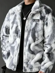 Unisex Streetwear "Beyourself" logo pattern snow leopard print white camouflage fleece jacket, Y2K Fashion, Couple, Men's Gift, Trendy Clothing, Black Friday holiday gifts, Zipper Jacket