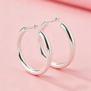 925 Sterling Silver Chunky Hoop Earrings for Women, Hypoallergenic Large Polished Silver Hoops, Everyday Wear Jewelry,  for Sensitive Ears, Perfect Gift for Her, Lightweight Comfortable Click Clasp Hoops for Daily, Party, Wedding, Vacation