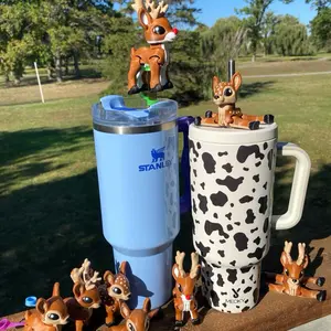 Reindeer Deer Buck Rudolph Fawn Doe Christmas and Hunting Season Articulated Straw Toppers and Charms for Stanley Tumbers & 9.5mm Straws with Durable PLA Design - Stylish, Beverage