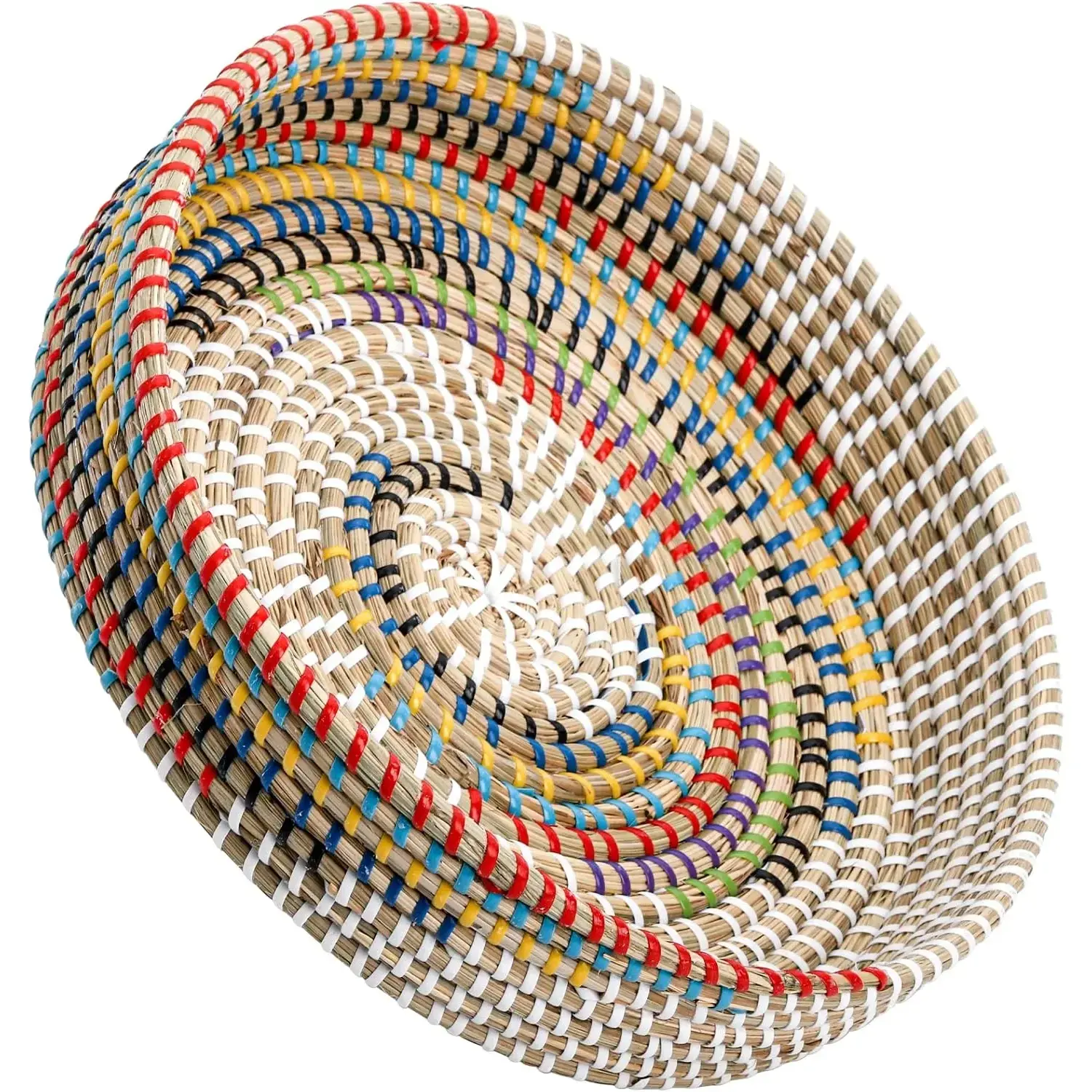 12'' Woven Seagrass Serving Tray, Rattan Serving Tray, Handmade Round Ottoman Fruit Tray, Colorful Coffee Table Decorative Tray for Bread, Tea, Breakfast, Coffee, Drinks, Snack, Wall Decor