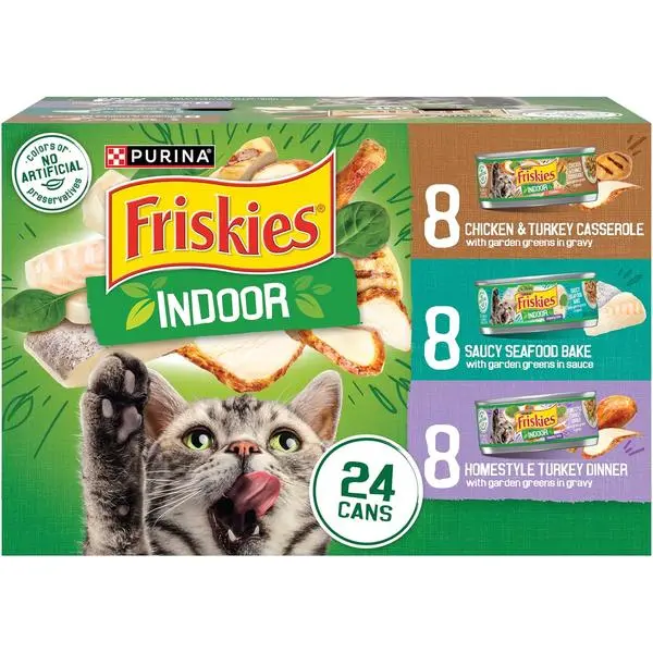 Friskies Indoor Wet Cat Food Variety Pack – Chicken, Turkey & Seafood Recipes (24 Cans, 5.5 oz)