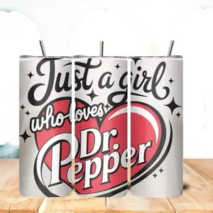 Dr. Pepper Themed Customizable Tumbler - "Just a Girl Who Loves Dr. Pepper" Text, Heart Accent, Portable White Water Bottle, Ideal Drinkware for Daily Use