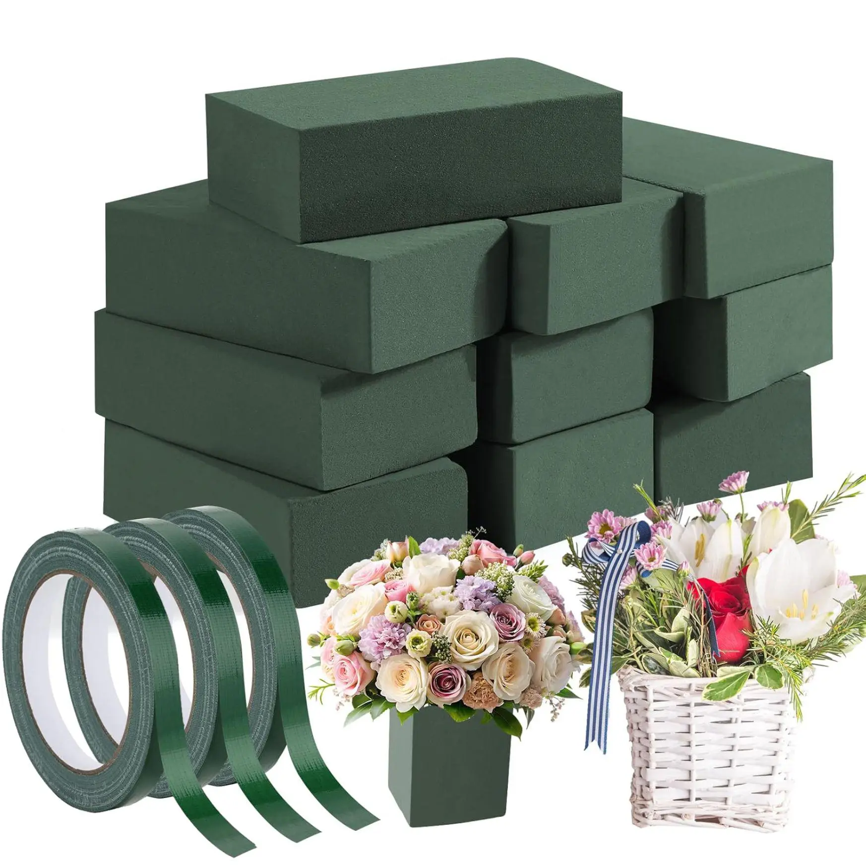 10 Pieces Floral Foam Blocks with 3 Rolls Floral Tape, Green Square Flower Foams Flower Arrangements Supplies for Dry & Wet Flower Wedding Home Decor and DIY Crafts