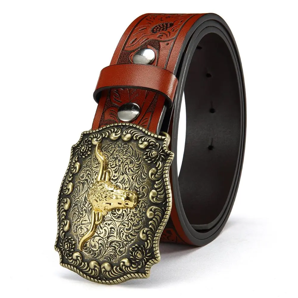 Men’s leather belt with a silver-tone buckle featuring an embossed gold longhorn steer design, and a floral embossed pattern on the body. This is a sturdy yet stylish Western-style belt suitable for work and weekends — an excellent gift for Valentin summe