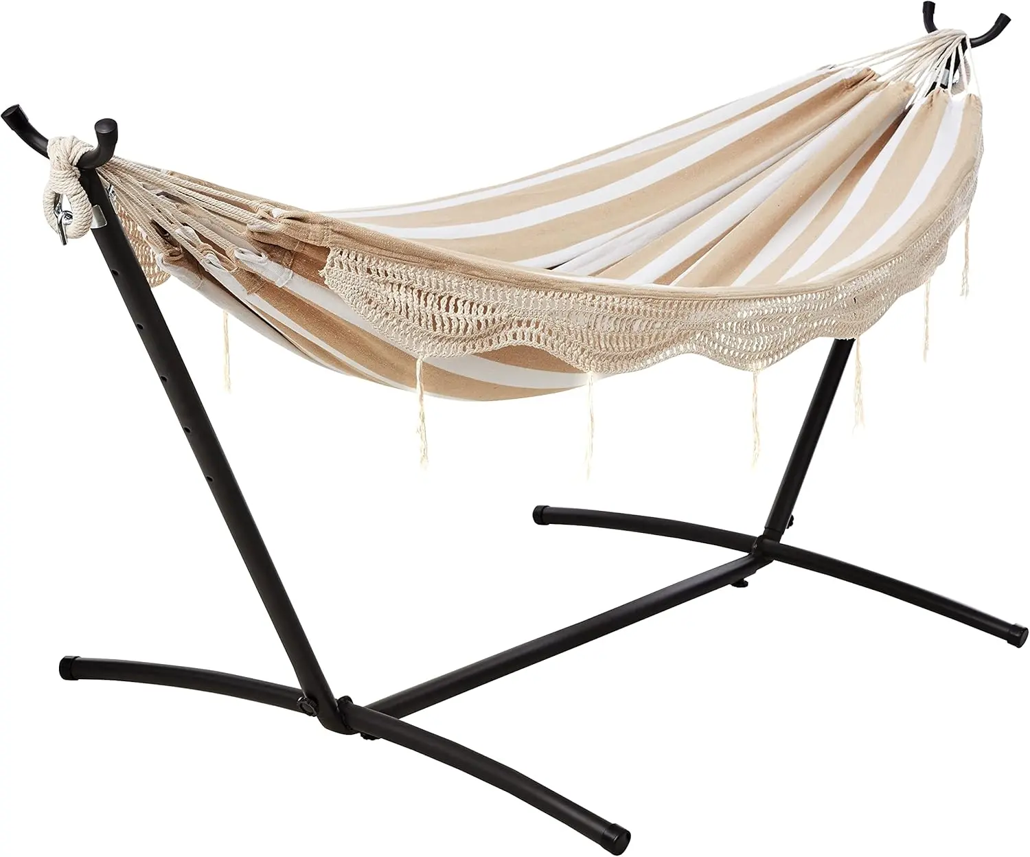2-Person Cotton Double Hammock Set with 9ft Space-Saving Steel Stand, Carrying Case, 450lb Capacity, Beige Stripe Lace Design (110x47x43in) – Travel-Friendly, Spacious & Cozy for Adults’ Indoor/Outdoor Relaxation