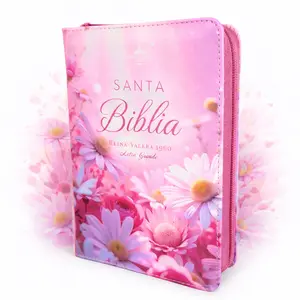 Biblia con Cierre Portatil Letra Grande 12 puntos RV1960 imit piel duotono blanco y rosa margaritas con índice y canto floral