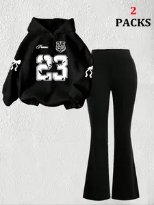 【FREE PERSOMALITY】Women's Warm Sweatshirt Set + Slim Fit Flare Pants, Casual Butterfly Print, Kangaroo Pocket, Fall & Winter