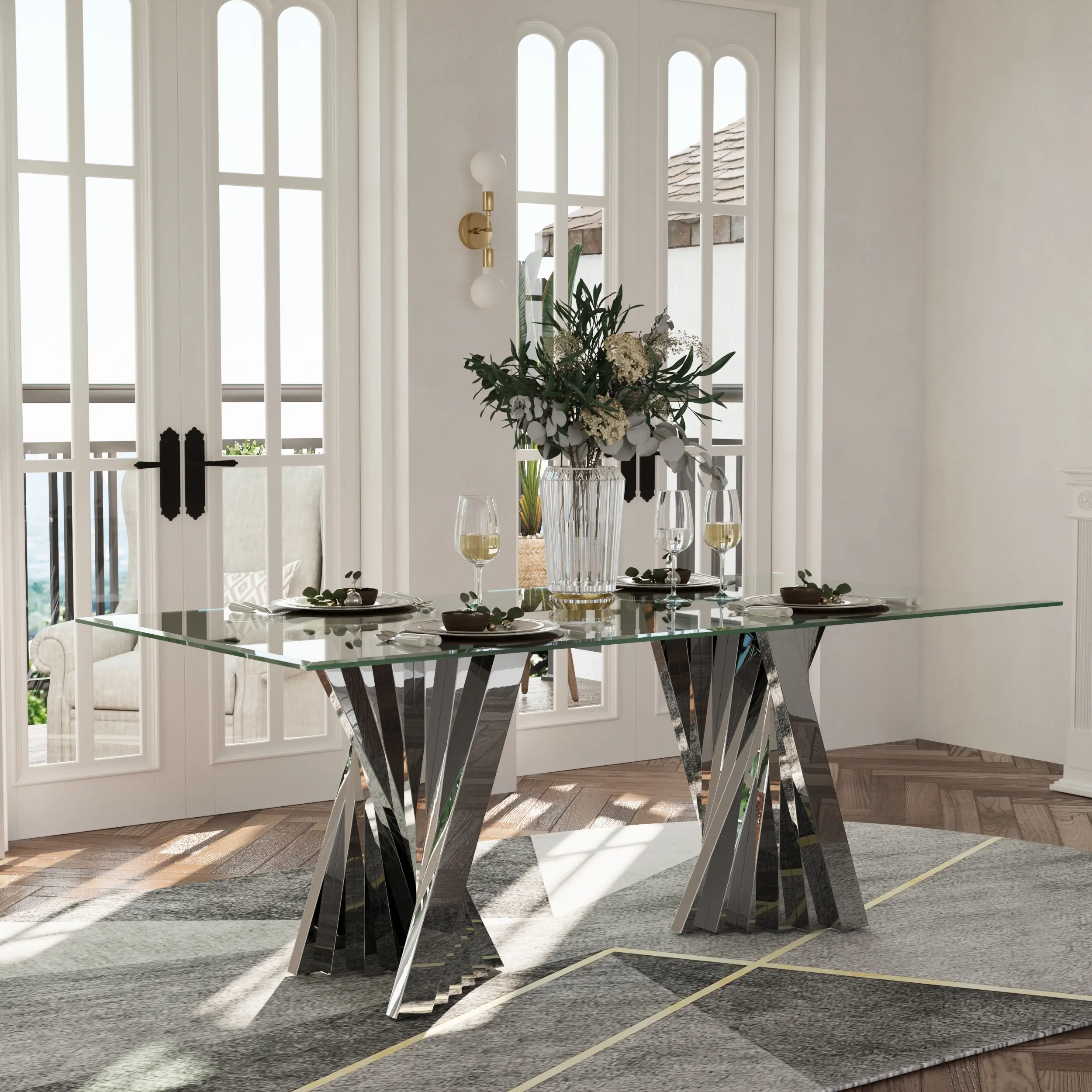 AUZ 78" Silver Dining Table for 4-8, Modern Kitchen and Dining Table with Tempered Glass Top, Dinner Table for Dining Room, Kitchen, Party