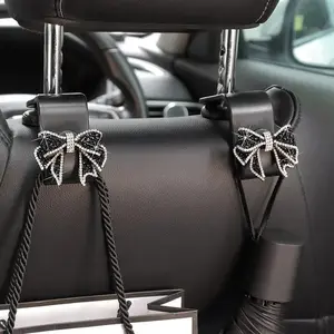Car Seat Back Storage Hooks, Rotatable & Retractable, Rhinestone Bow Design, Car Seat Decorative, Cute Car Interior Accessories Girls, Set of 2