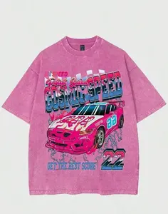 Retro Y2K Cosmic Speed Racing Car Graphic T-Shirt | Vintage Washed Pink Oversized Streetwear Tee | Unisex Casual Short Sleeve Top | Aesthetic Graphic Tees & Street Style Apparel