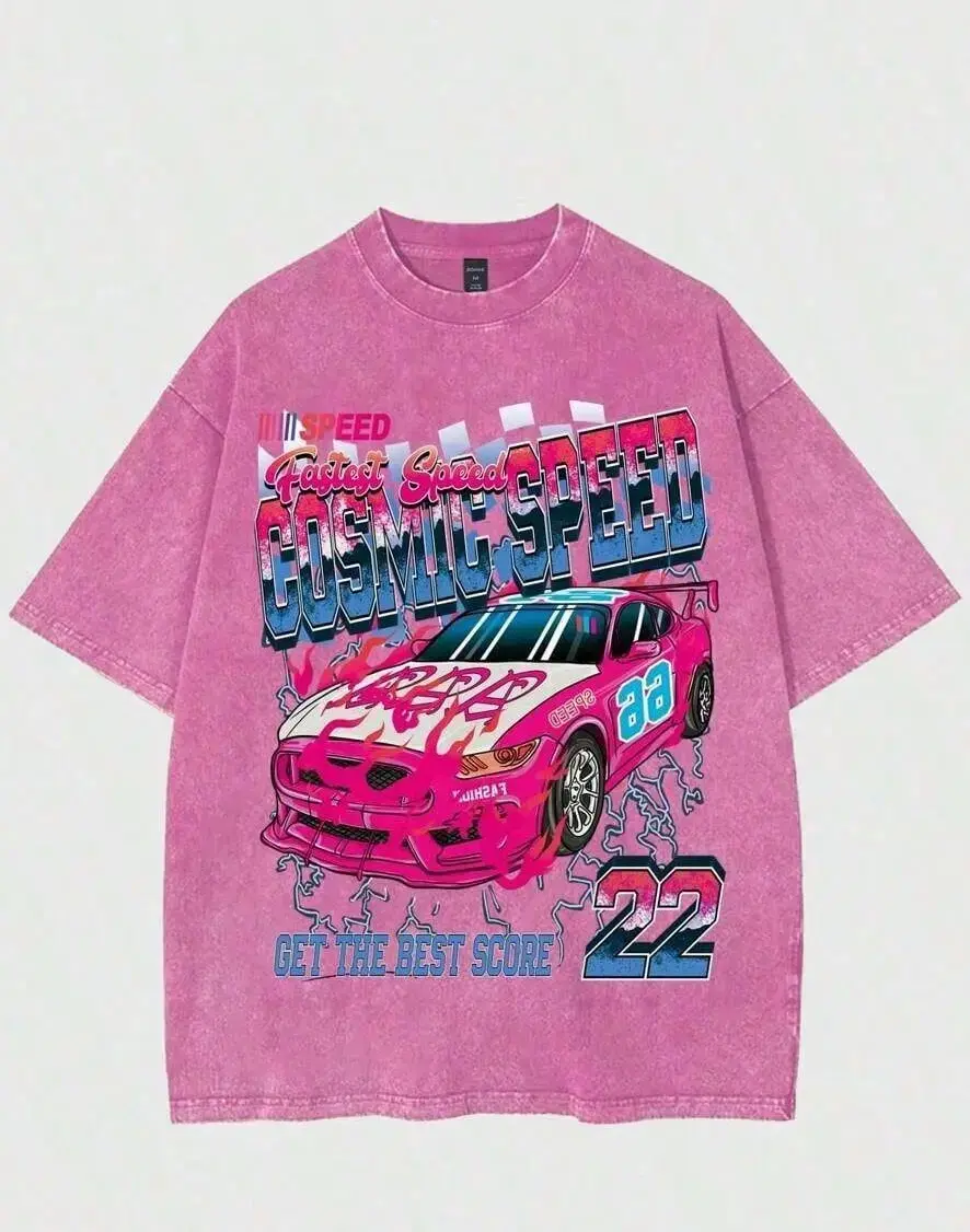 Retro Y2K Cosmic Speed Racing Car Graphic T-Shirt | Vintage Washed Pink Oversized Streetwear Tee | Unisex Casual Short Sleeve Top | Aesthetic Graphic Tees & Street Style Apparel