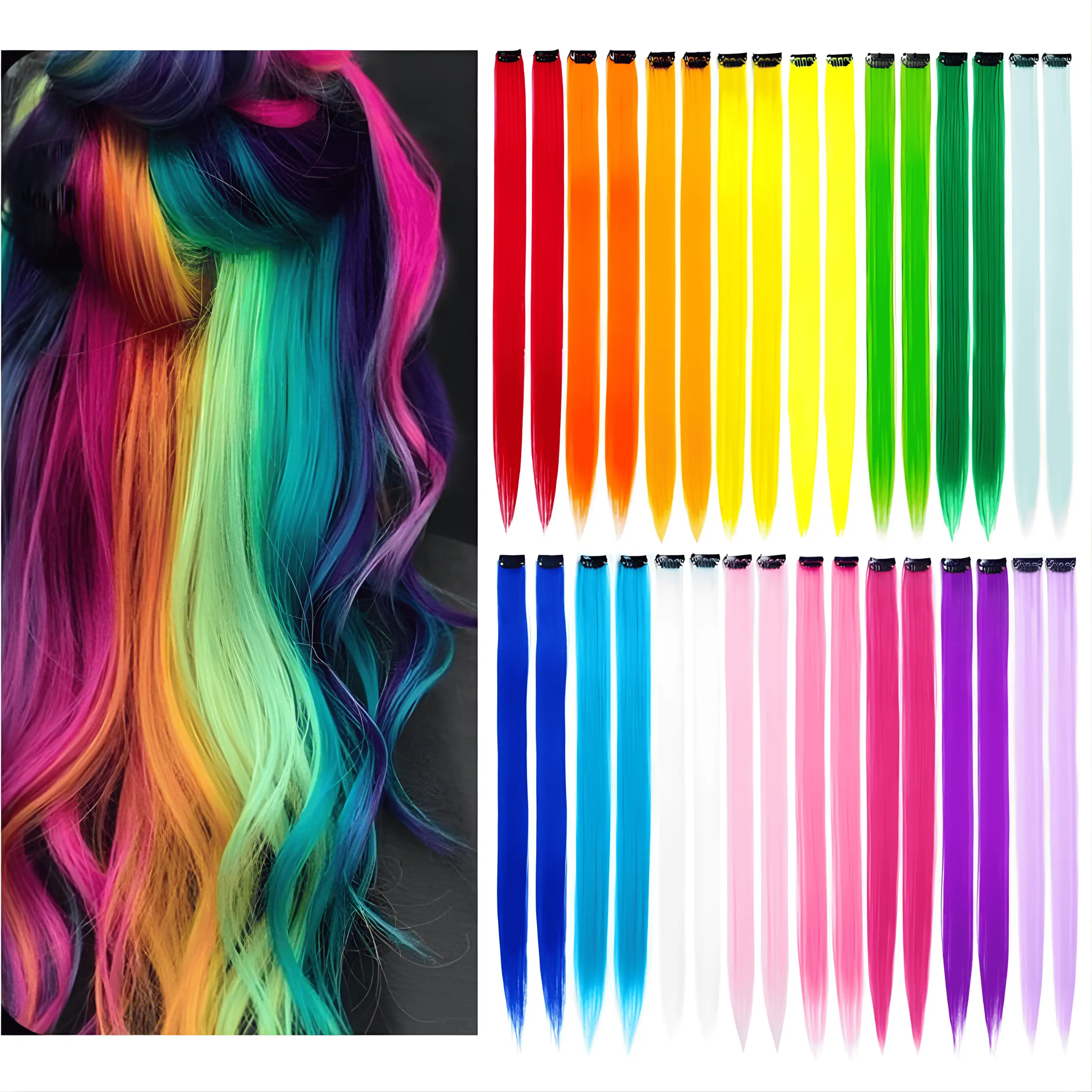 32 Pack Colored Clip-In Hair Extensions 20 Inch Straight Synthetic ...