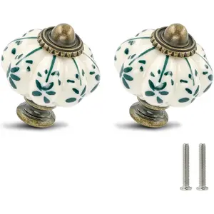 12 Pack Pumpkin Ceramic Cabinet Knobs Vintage Drawer Pulls Antique Dresser Pulls with Screws Green Flower