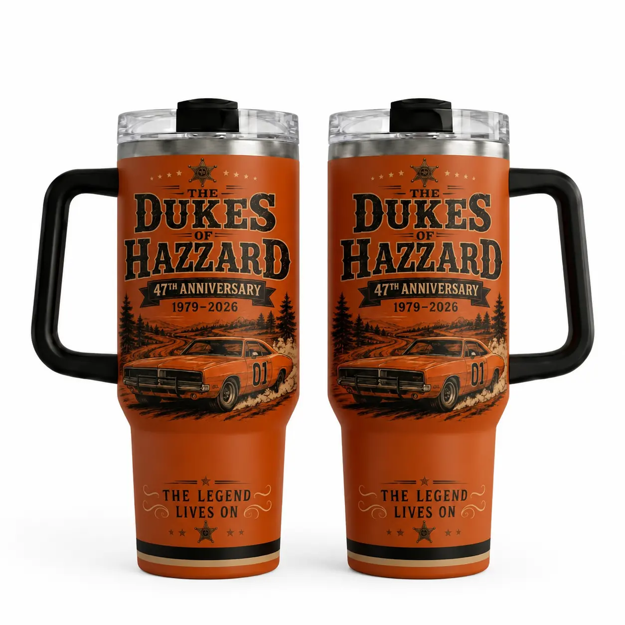 Vintage Orange Muscle Car 47th Anniversary 40oz Tumbler with Handle and Lid, Retro Road Trip Travel Mug, Nostalgic Gift