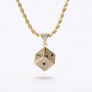 [ICE HUE]14K Gold Vacuum Plated Copper with 5A+ Sri Lanka Zircon Lucky Dice Design Pendant With Necklace Miami Italy Mexico & Micro Inspired for Women & Men Luxury Jewelry,Daily Wear,Casual Fashion,Gift Idea,,Classic,Hip Hop,Simple,Sporty Style