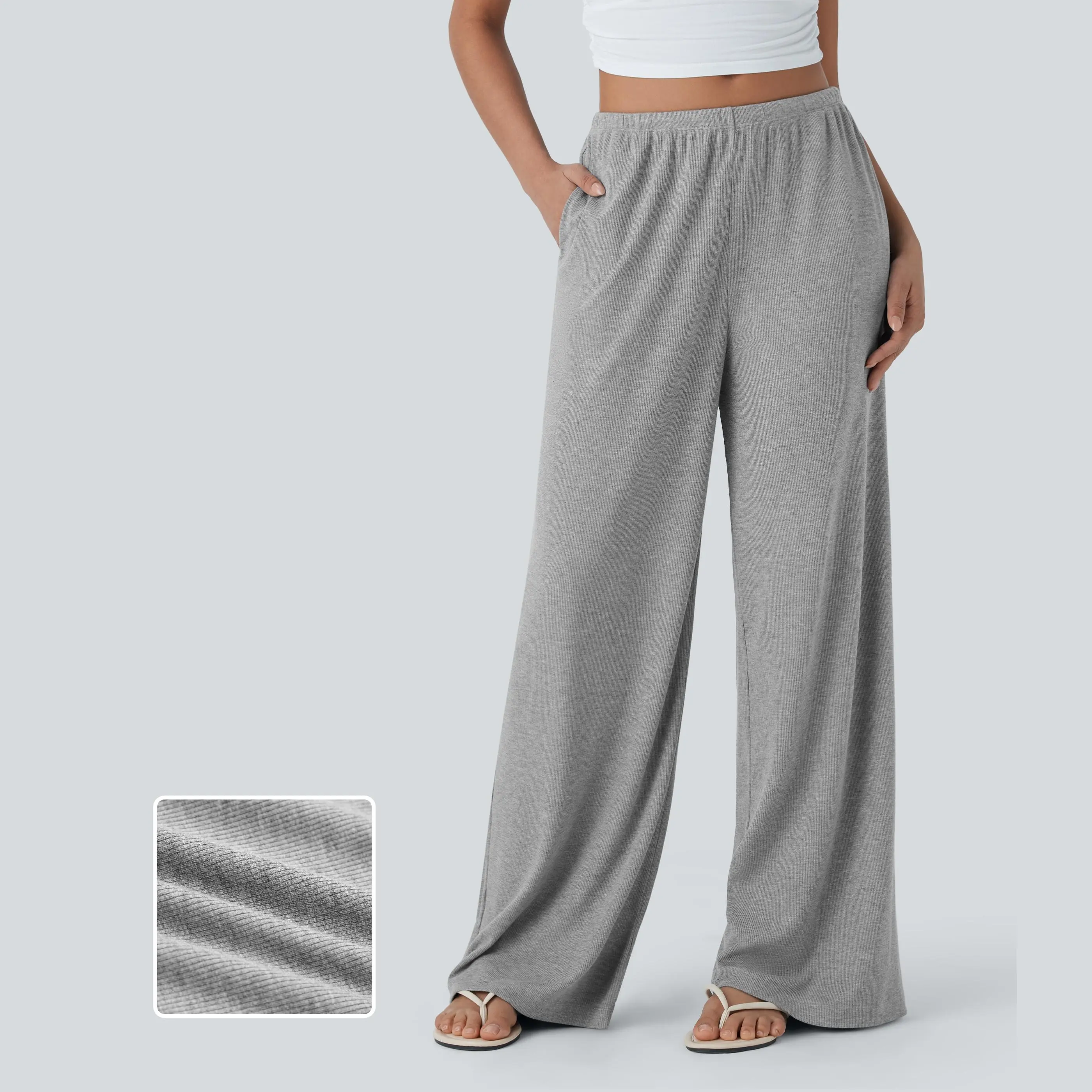 Halara High Stretch Skin Friendly Ribbed Low Rise Drawstring Wide Leg Flowy Casual Pants with Side Pockets