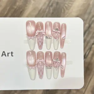 Coquette Pink Cat Eye Press On Nails Long Stiletto Bow Rhinestone Fake Nails Handmade Press On Nails Viral Coquette Aesthetic 3D Bows Argyle Patterns| Valentine’s Day Nails | Vday Nails |  Party Nails | Date Night Gift for Her salon-quality finish