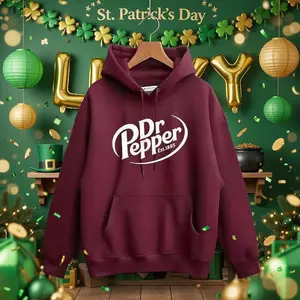 [SALE UP TO 50%] Dr Pepper Hoodie | St. Patrick’s Day Lucky Green Party Theme Graphic | Burgundy Pullover Hoodie | Gift for Soda Lovers & Friends