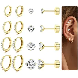 MILACOLATO 8 Pairs Gold Earrings for Women Men 316L Surgical Steel Hypoallergenic Stud Hoop Earrings for Women Sleeper Flat Back Earring Small Huggie Hoop Cartilage Earring Set, Ear Studs, Flatback Earrings