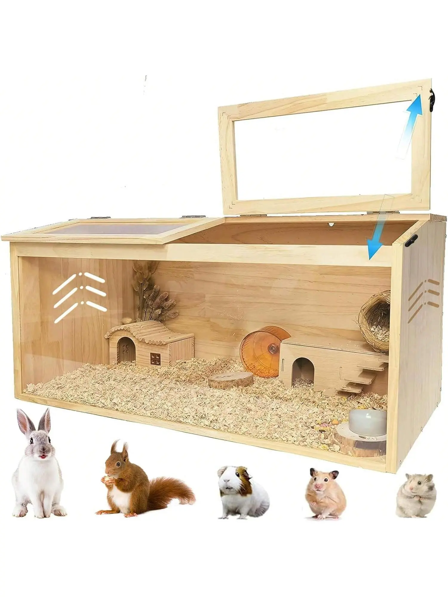 Natural Wooden Hamster Cabinet Habitat - Chewproof Animal Enclosure, Dual Skylight Windows, Openable Top, Large Acrylic Sheets, Generous Area, Quick Clean Access, Simple Setup, Dwarf Hamster Indoor Furniture, Large Space