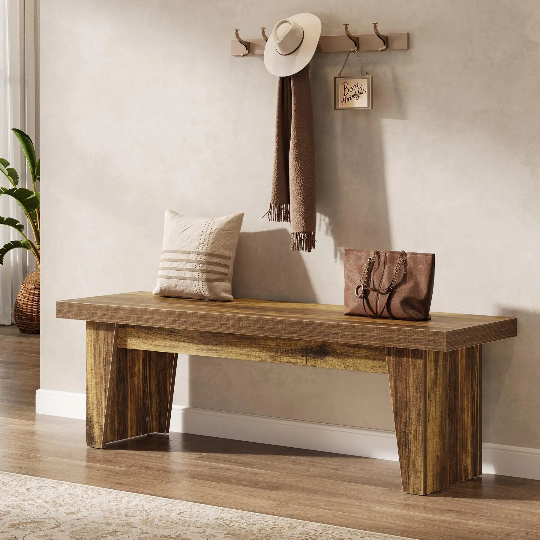 TRIBEWOOD 55" Rectangular Solid Wood Rustic Farmhouse Entryway Bench - Durable Indoor Utility Seat with Storage, Easy Assembly, 250 lb Capacity for Hallway, Living Room, Durability, Assembly Required
