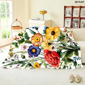 Vibrant Floral Printed Throw Blanket, Single - sided Printing, Multiple Specifications Available, Decorative Botanical Design with Colorful Flowers & Green Foliage, Ideal for Napping/Lounging, Soft Comfortable Material, Perfect for Home Relaxation