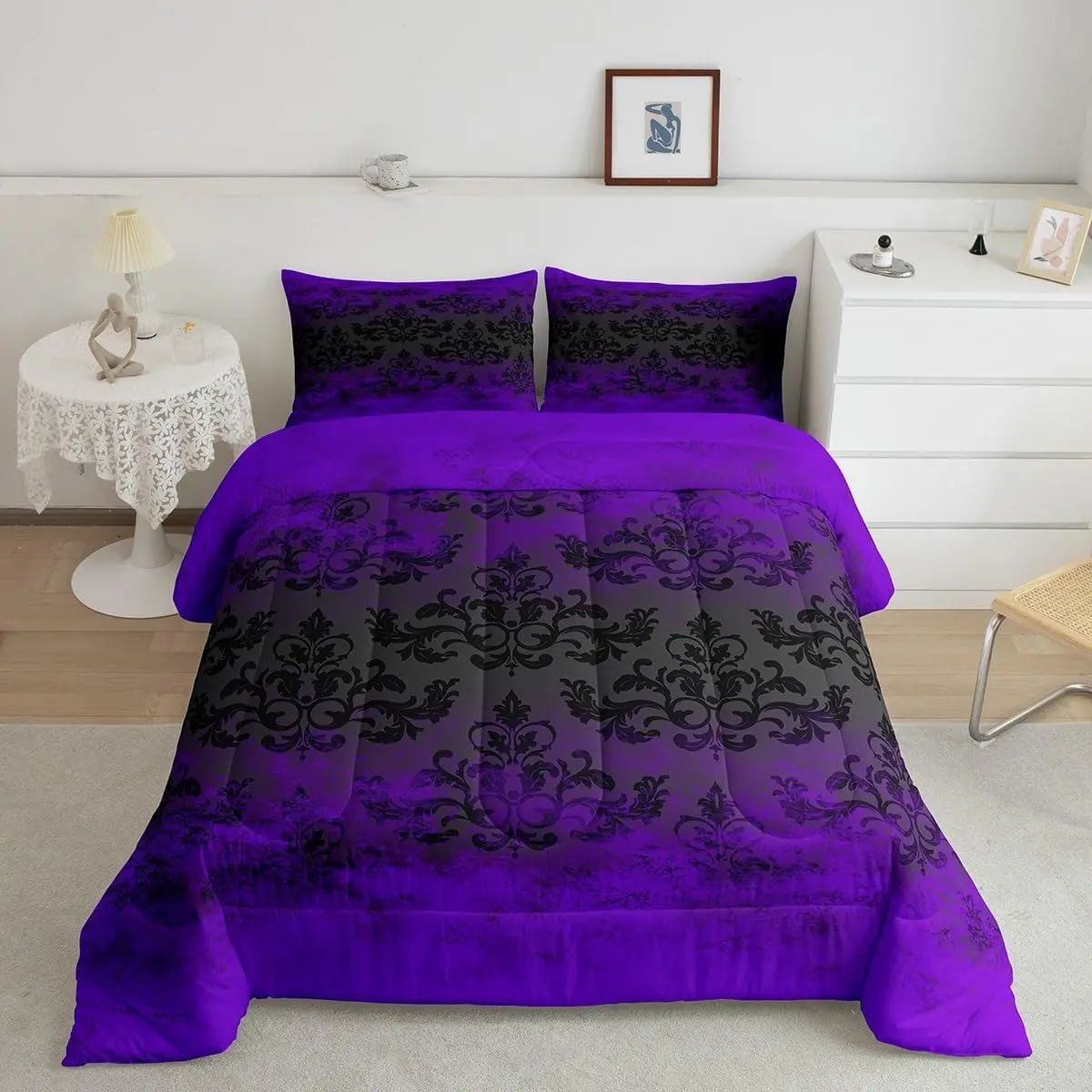 Feelyou Queen Size 3-Pcs Jacquard Bedding Set - Black Damask Abstract Purple Duvet, Bedroom Bedding Set, Decorative Room Decor Piece, Decorative Bedding Set